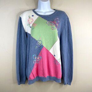 Vintage Grannycore Embroidered Butterfly Sweater Size XL Pink Blue Beaded